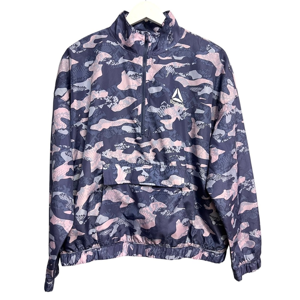 Reebok Camo Quarter-Zip Windbreaker Jacket Women's Size M Purple Pink Pullover